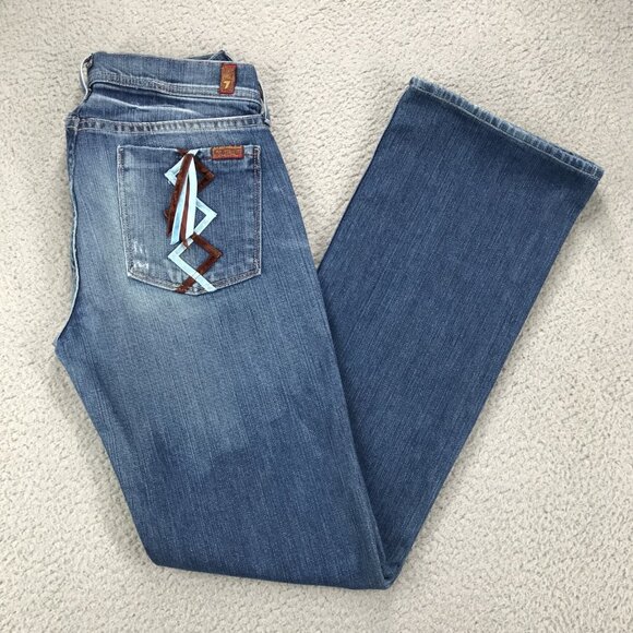 7 For All Mankind Denim - 7FAM Jeans Womens Size 28 Boot Cut Low Rise Ribbon Back Pocket Faded Wash Denim